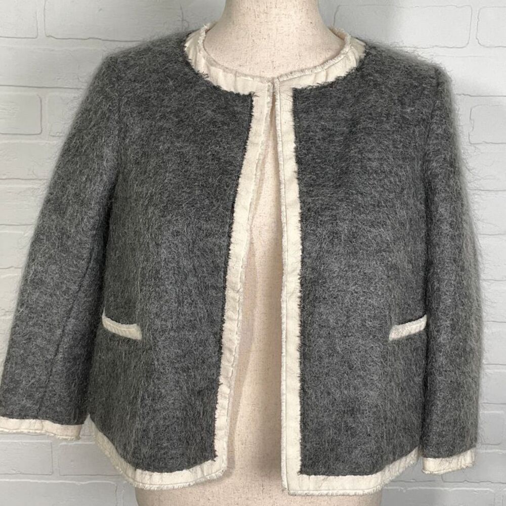 Drawer Suit Jacket Women‎ 1 Gray Beige Fringe Boxy Classic Wool Blend